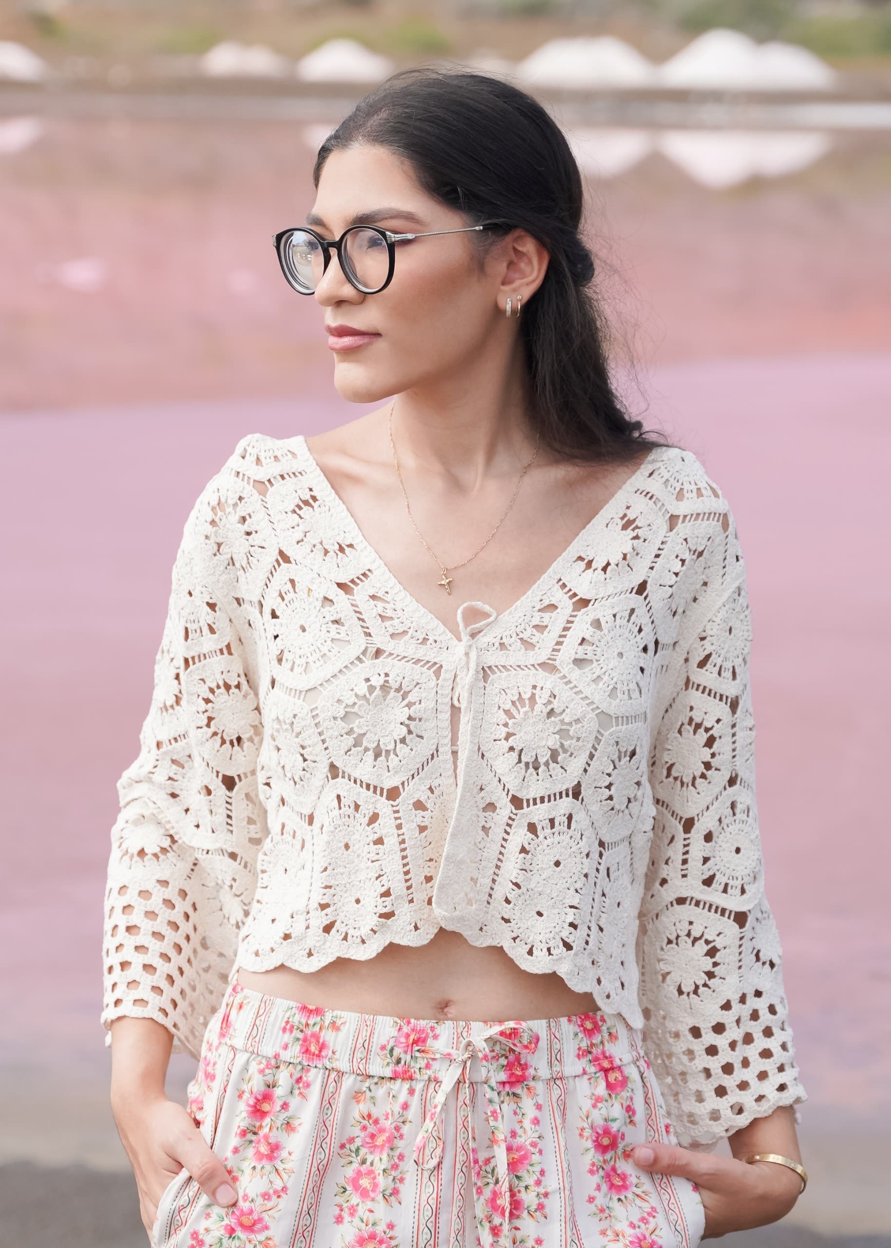 Top Crochet Crema Manga Larga