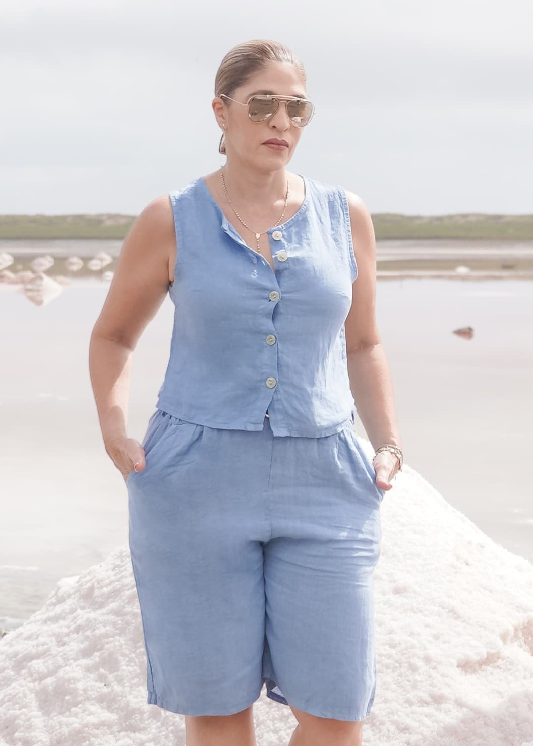 Conjunto Lino Bermuda Celeste 2 Piezas