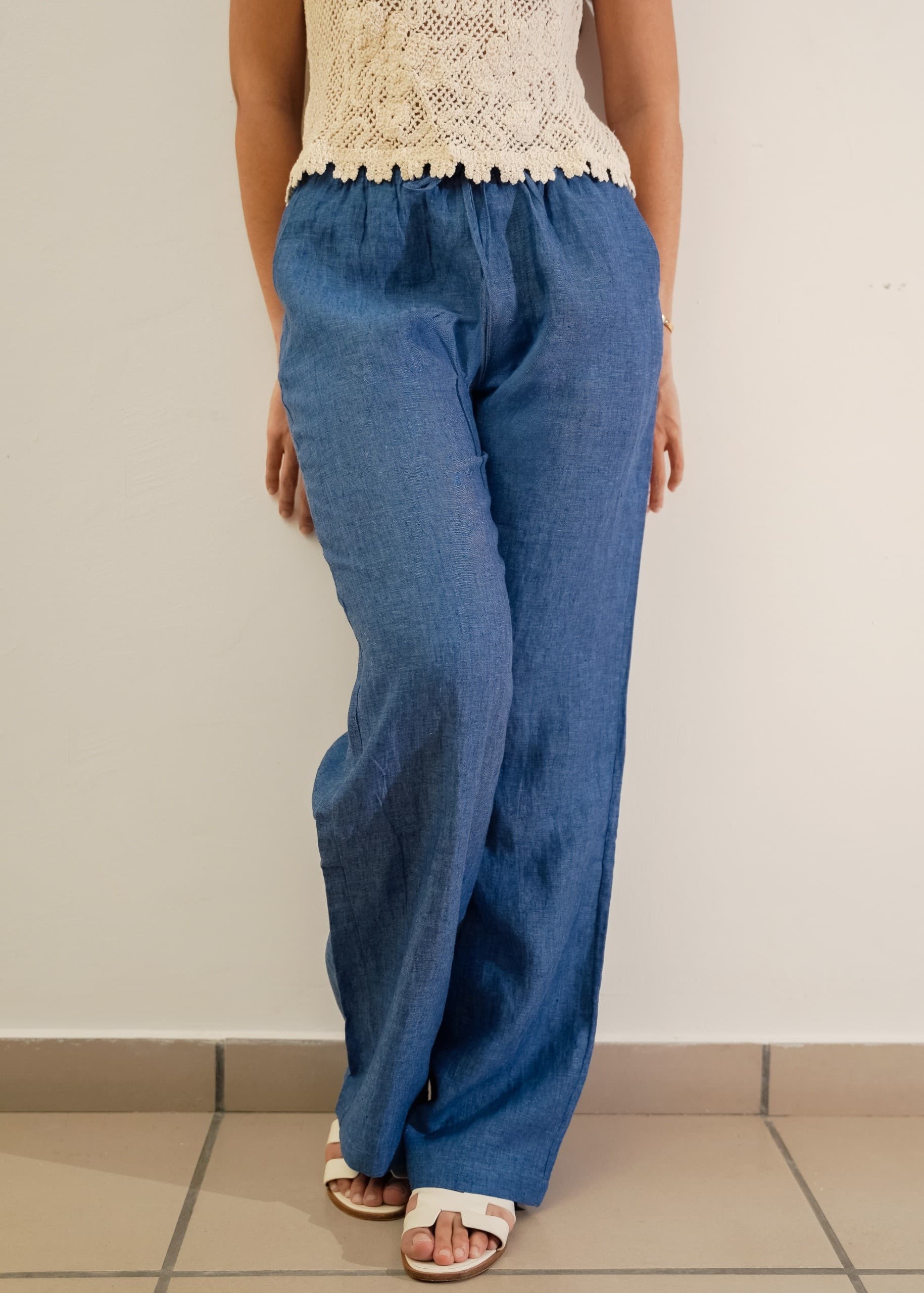 Pantalon Lino Azul Pierna Ancha